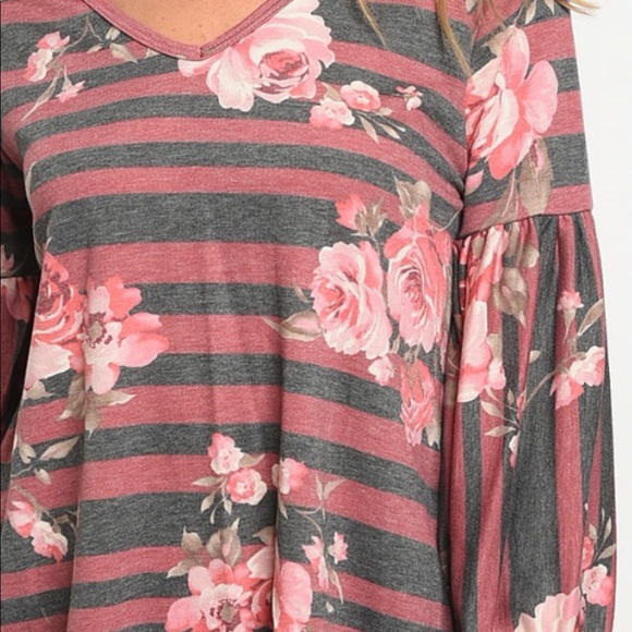 Mauve Pink Floral Stripe Print Slub Shoulders Top - Picture 2 of 9